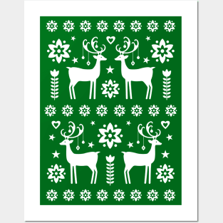 Scandinavian Vintage Christmas Reindeer Pattern Green Posters and Art